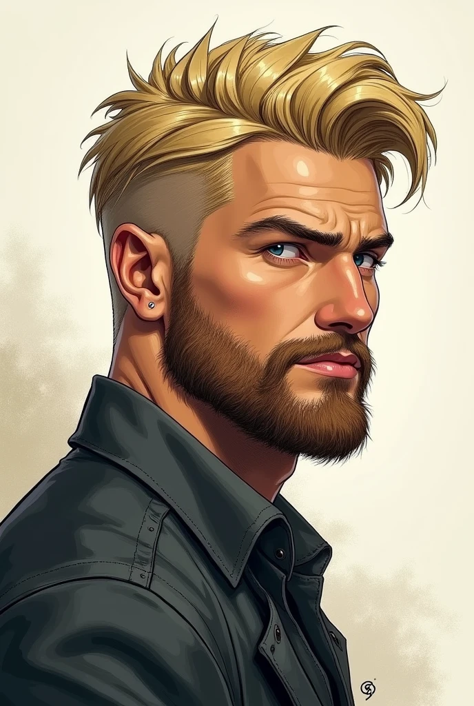 Man with well-defined face, beard and blond hair, drawn style, face from the side, looking half to the side, less realistic, he is confident