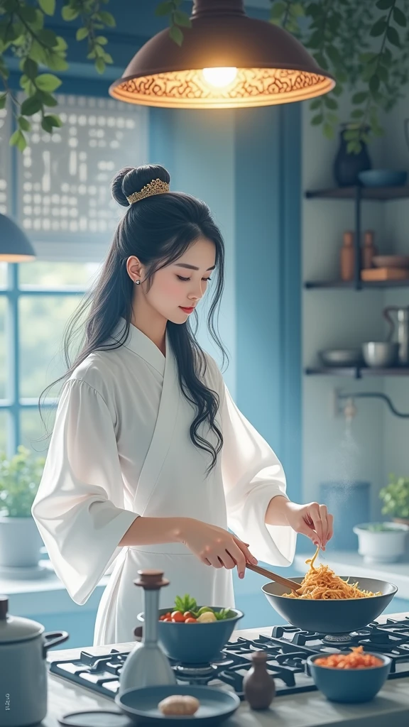 Chinese beautiful long hair girl. Cooking