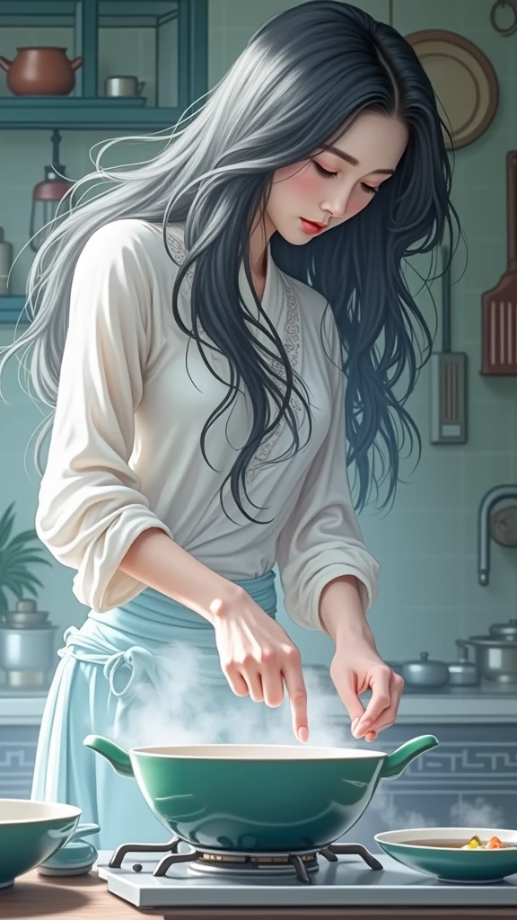 Chinese beautiful long hair girl. Cooking 