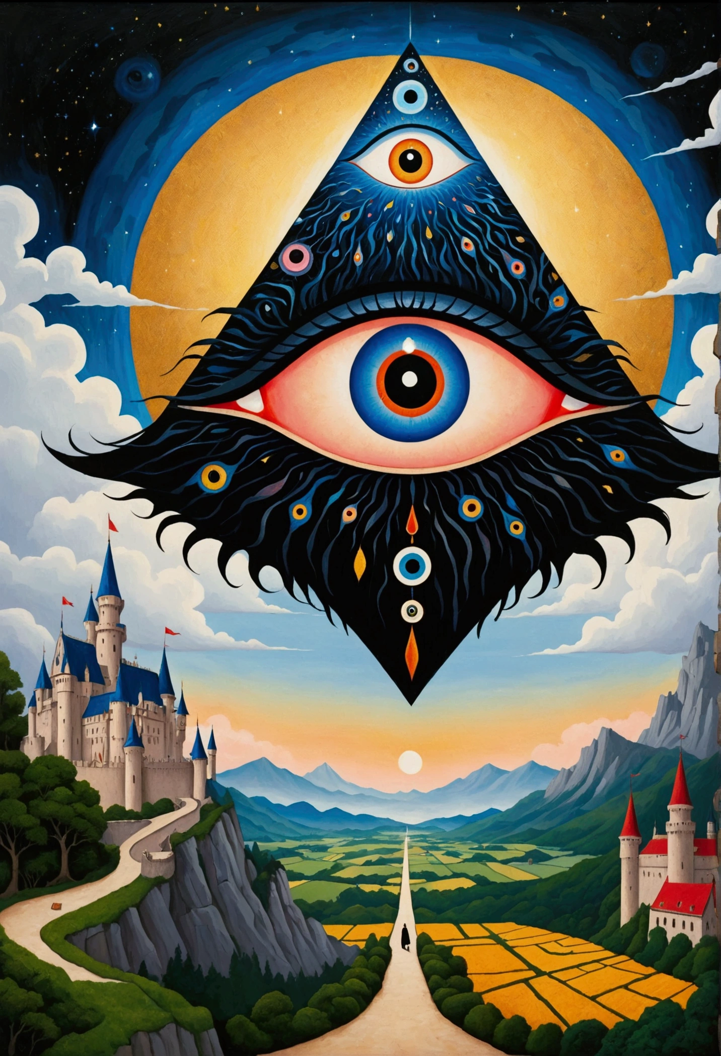 There is a big eye in the painting，There is a castle in the background, Surrealism inspired by Nagai Hiroshi, Winner of the Behance competition, Minimalism, Portrait of a mysterious giant eye, All-Seeing Eye, Third Eye Vision, Fred Tomaselli, Paul Lafley, Fantasy painting, Mysterious eyes, The Third Eye, Highly detailed fantasy art, Mysterious Eye