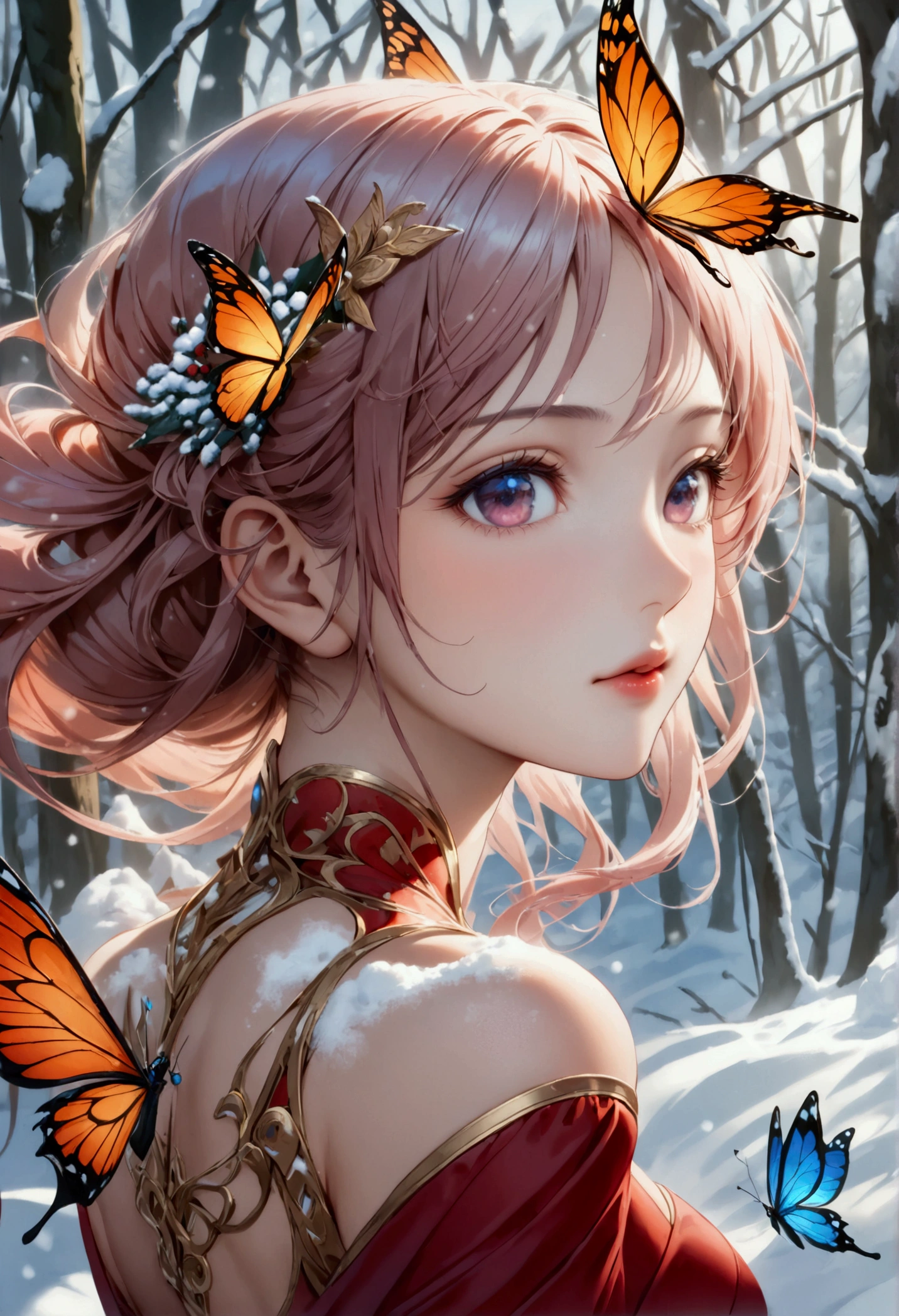 (oil painting art: 1.5) a most beautiful fairy playing in the snow, a beautiful fairy, ((full body shot: 1.5)), (best detailed face: 1.3), spread butterfly wings, dynamic hair color, dynamic hair style, busty, wearing red silk dress, intricate silk, wearing high heels boots, she is playing the snow, fresh snow in the forest, high snow, High Detail, Ultra High Quality, High Resolution, 16K Resolution, Ultra HD Pictures, Ultra Realistic, Clear Details, Realistic Detail, Ultra High Definition, DonMF41ryW1ng5XL, Cryptic Paladin 001