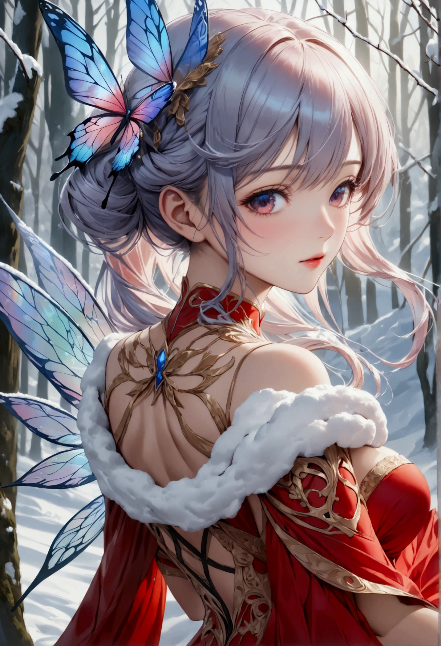 (oil painting art: 1.5) a most beautiful fairy playing in the snow, a beautiful fairy, ((full body shot: 1.5)), (best detailed face: 1.3), spread butterfly wings, dynamic hair color, dynamic hair style, busty, wearing red silk dress, intricate silk, wearing high heels boots, she is playing the snow, fresh snow in the forest, high snow, High Detail, Ultra High Quality, High Resolution, 16K Resolution, Ultra HD Pictures, Ultra Realistic, Clear Details, Realistic Detail, Ultra High Definition, DonMF41ryW1ng5XL, Cryptic Paladin 001