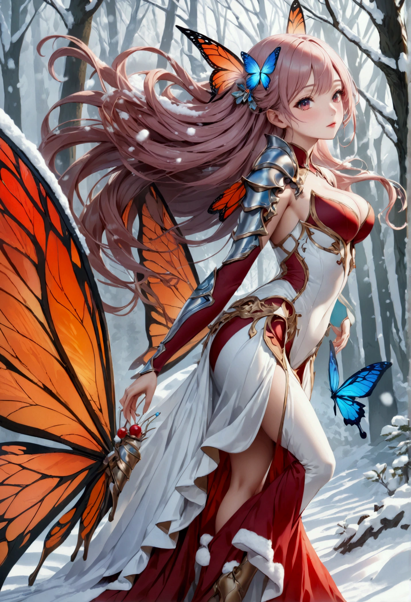 (oil painting art: 1.5) a most beautiful fairy playing in the snow, a beautiful fairy, ((full body shot: 1.5)), (best detailed face: 1.3), spread butterfly wings, dynamic hair color, dynamic hair style, busty, wearing red silk dress, intricate silk, wearing high heels boots, she is playing the snow, fresh snow in the forest, high snow, High Detail, Ultra High Quality, High Resolution, 16K Resolution, Ultra HD Pictures, Ultra Realistic, Clear Details, Realistic Detail, Ultra High Definition, DonMF41ryW1ng5XL, Cryptic Paladin 001