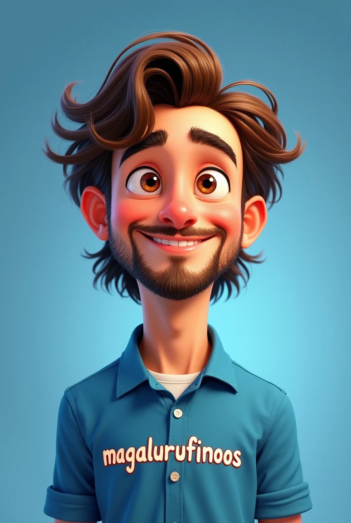 Disney pixar style drawing of a handsome man with a blue shirt, medium wavy straight brown hair and beard, brown eyes, with a shirt written "Magalurufinoos", smiling and looking at the camera. with blue studio background