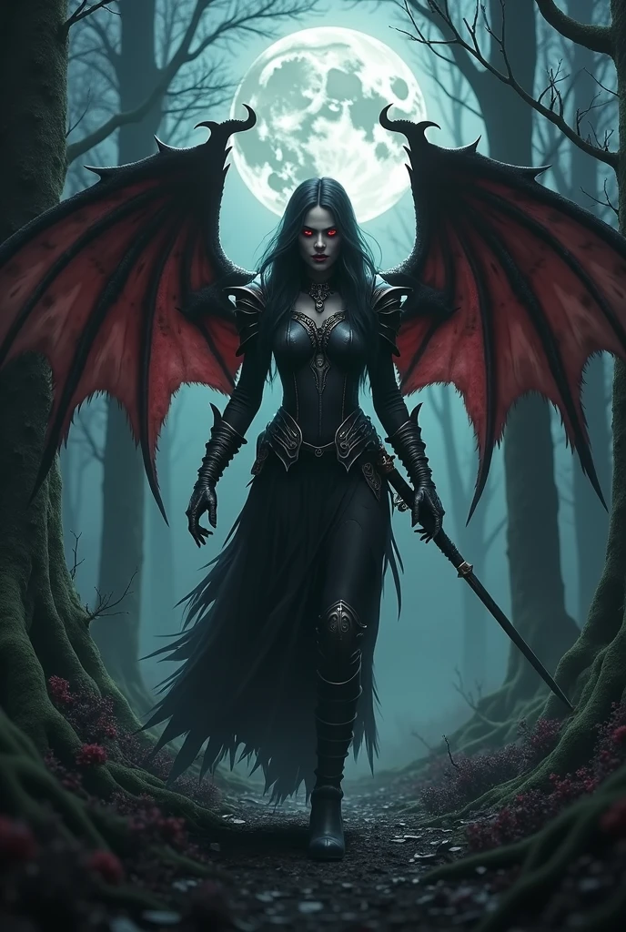 A terrifying vampire woman with demon wings in the forest dressed as a warrior on a full moon night