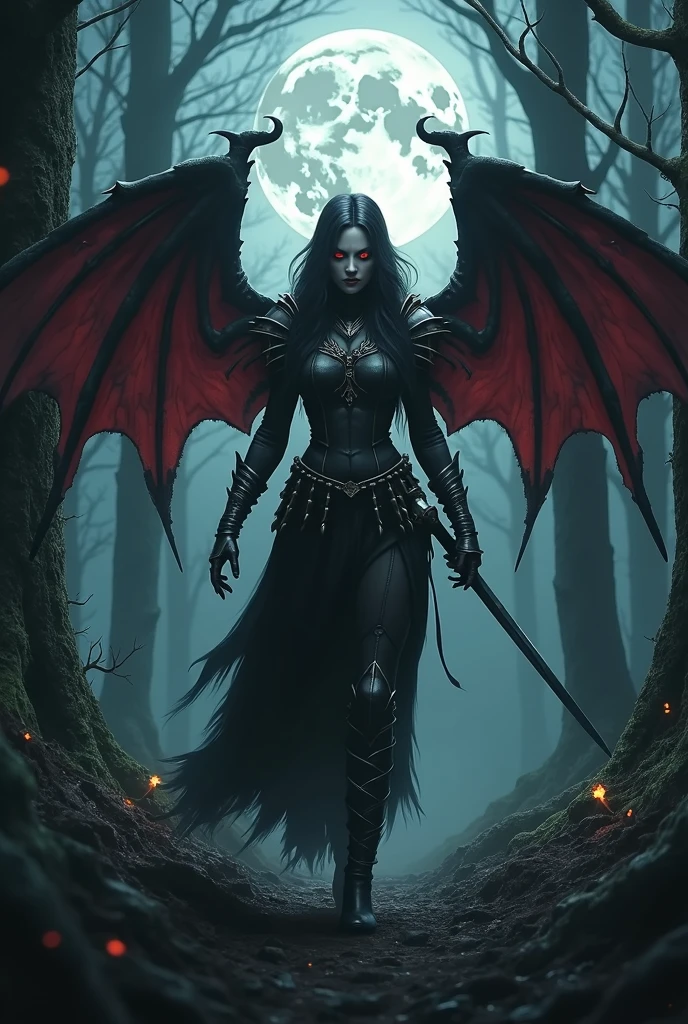A terrifying vampire woman with demon wings in the forest dressed as a warrior on a full moon night