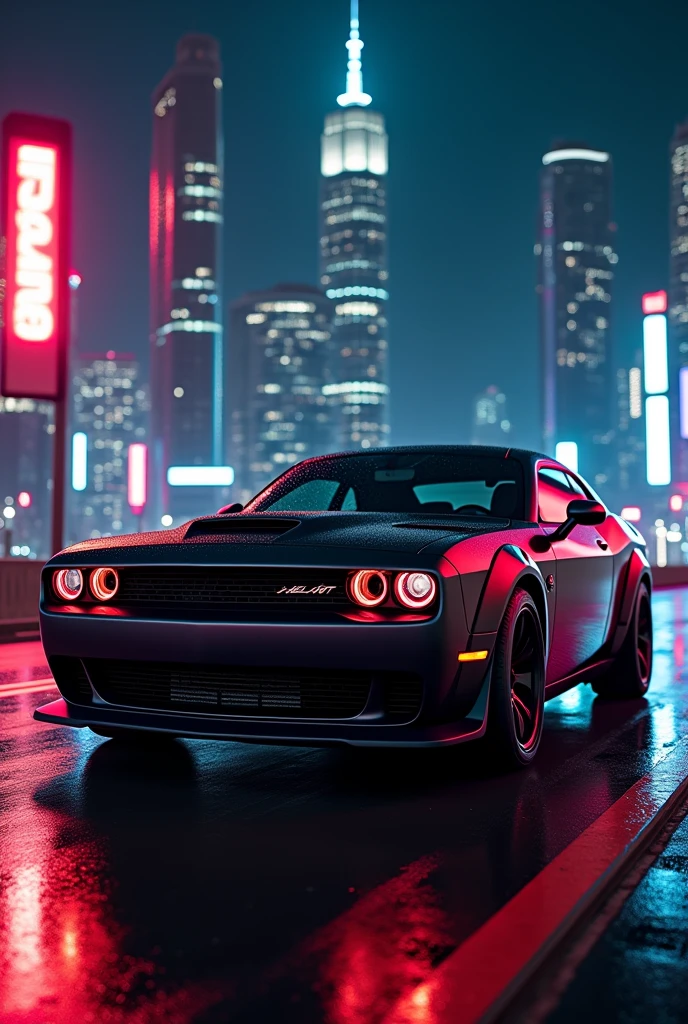 Dodge challenger hellcat redeye with mate black with carban emission at neo night background with city toward carban emissions 
