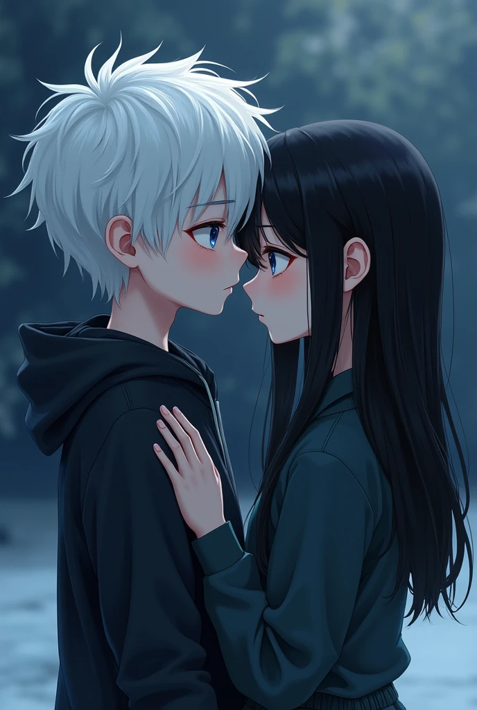 A white-haired boy hugs a black-haired girl., White body, white clothes, Both 2, looking at the camera., The color of the picture is blue mixed with black and white. Both of them look like teenagers around 2.