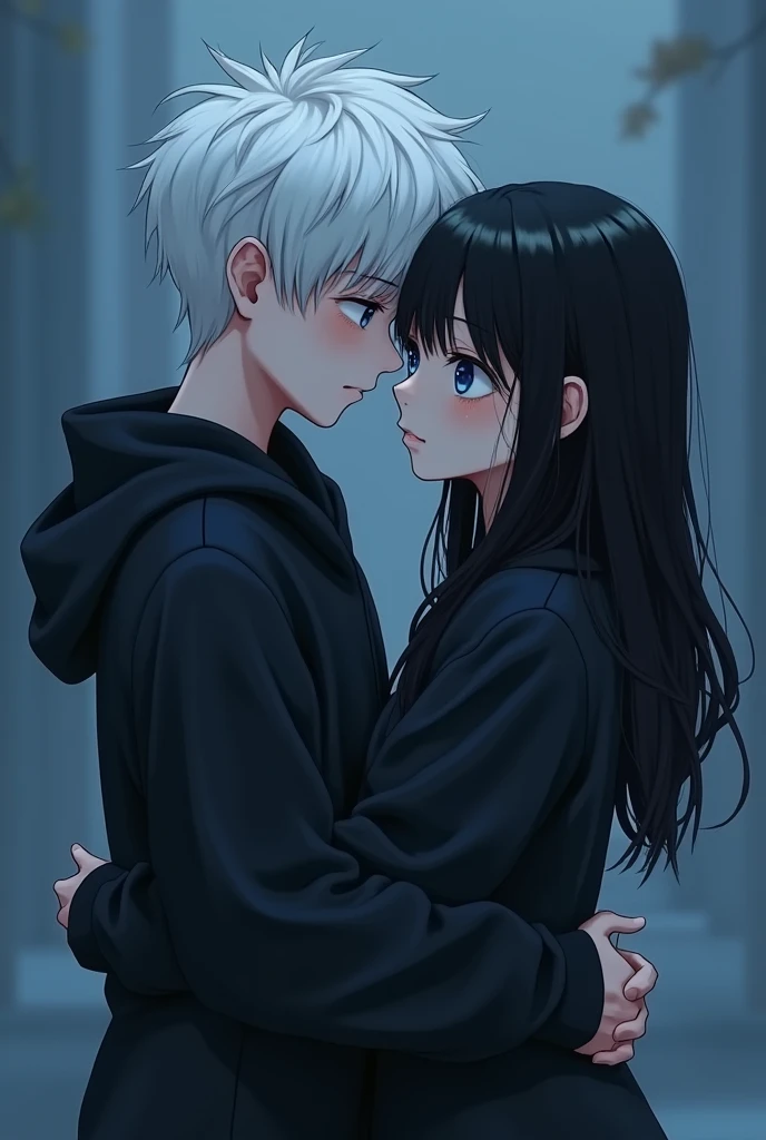 A white-haired boy hugs a black-haired girl., White body, white clothes, Both 2, looking at the camera., The color of the picture is blue mixed with black and white. Both of them look like teenagers around 2.
