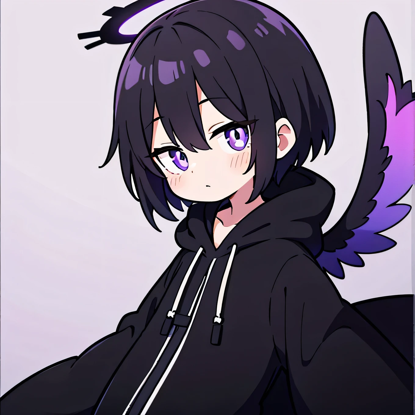 One boy, alone, Short Hair, (Black Hair, Purple eyes with vertical pupils), Angel Halo, Black long coat, Black fur hood, Angel's wing, Vertical scar, Right eye is hidden, Performance, laughing, Delighted