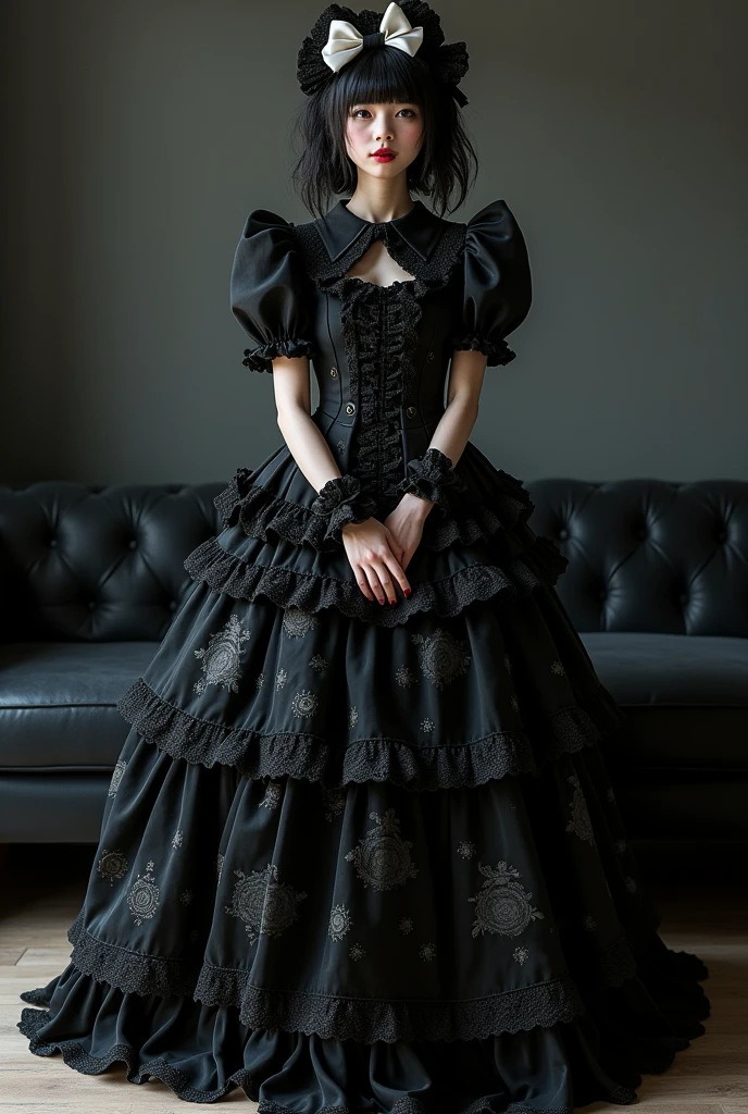 Baroque, gothic ta, cute, 1 girl, standing alone, whole body, black sofa, black gown, absurderes, white bow, high resolution, ultra detaild, More Detailed, Red lips