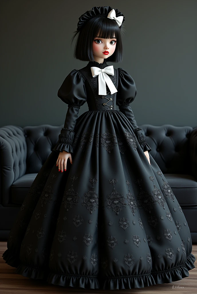 Baroque, gothic lolita, cute, 1 girl, standing alone, whole body, black sofa, black gown, absurderes, white bow, high resolution, ultra detaild, More Detailed, Red lips