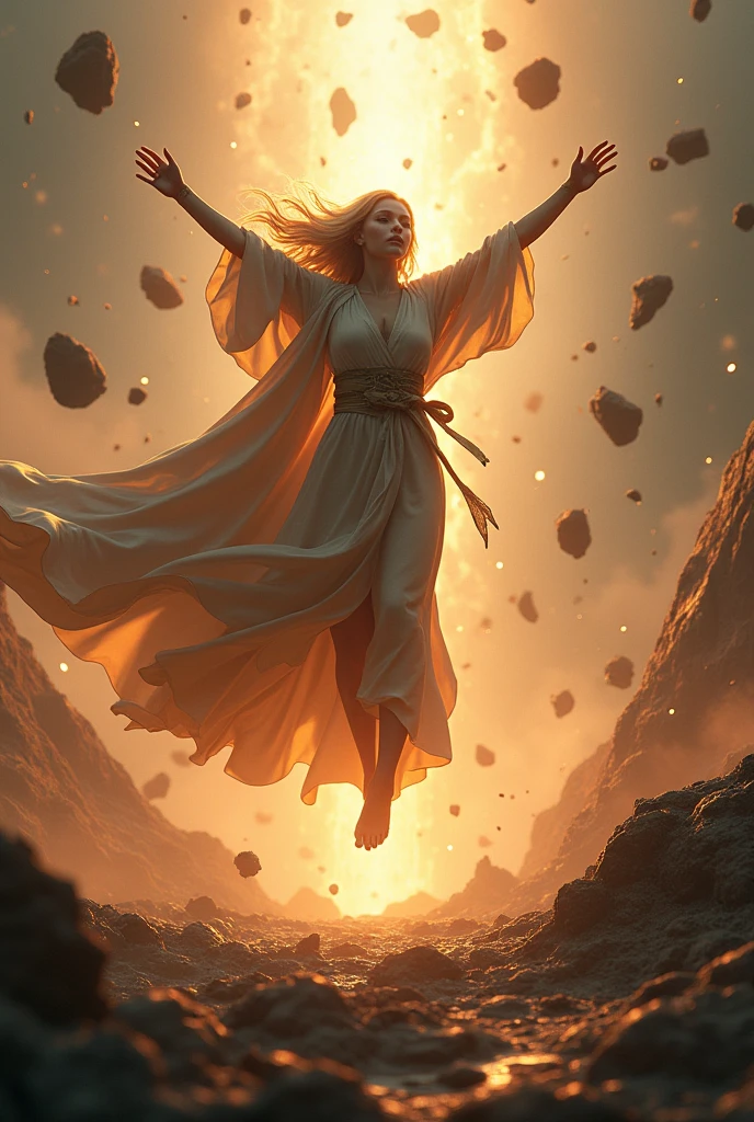 female barefoot summoner levitating with blonde hair robes and cape arms lifted up over a broken earth bright lava light from below asteroid field (jagged rocks boulders and debris shooting into the air:1.3) (windy dust debris storm:1.1) volumetric fog mist ray tracing z pass bright light from below, (masterpiece) (best quality) (detailed) (8k) (cinematic lighting) (sharp focus) (intricate)