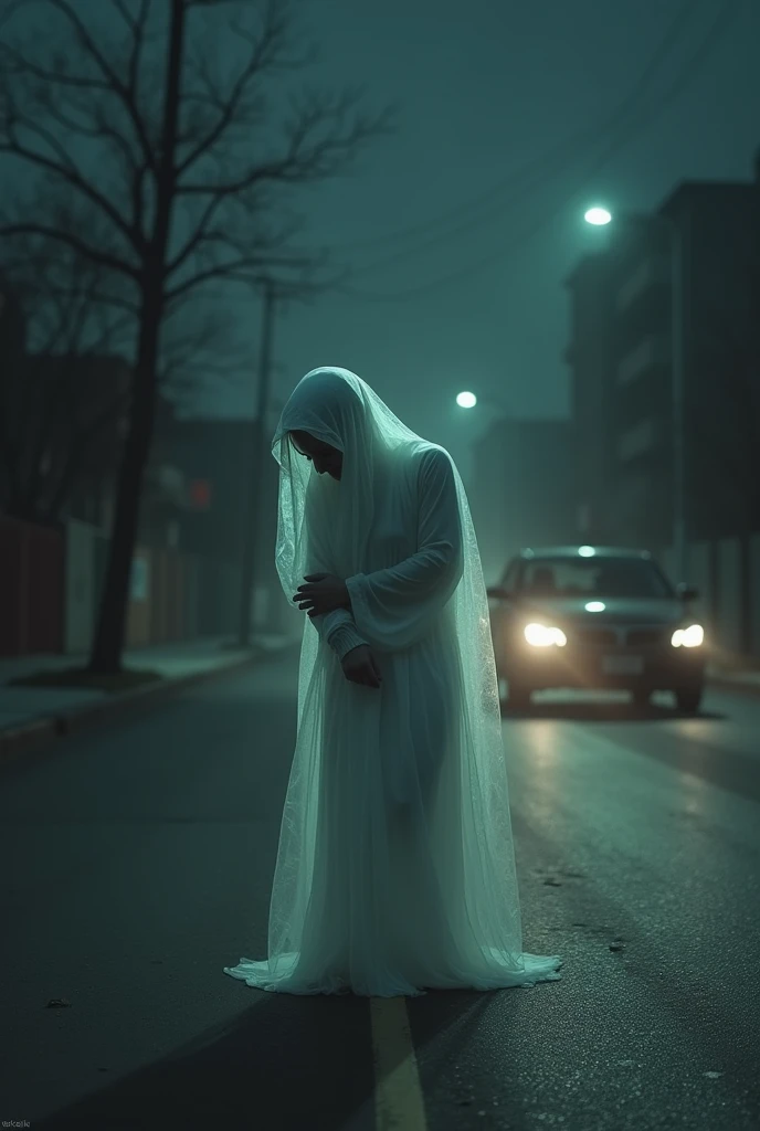 In an empty street at night human ghost with his head in his arms is following a car.