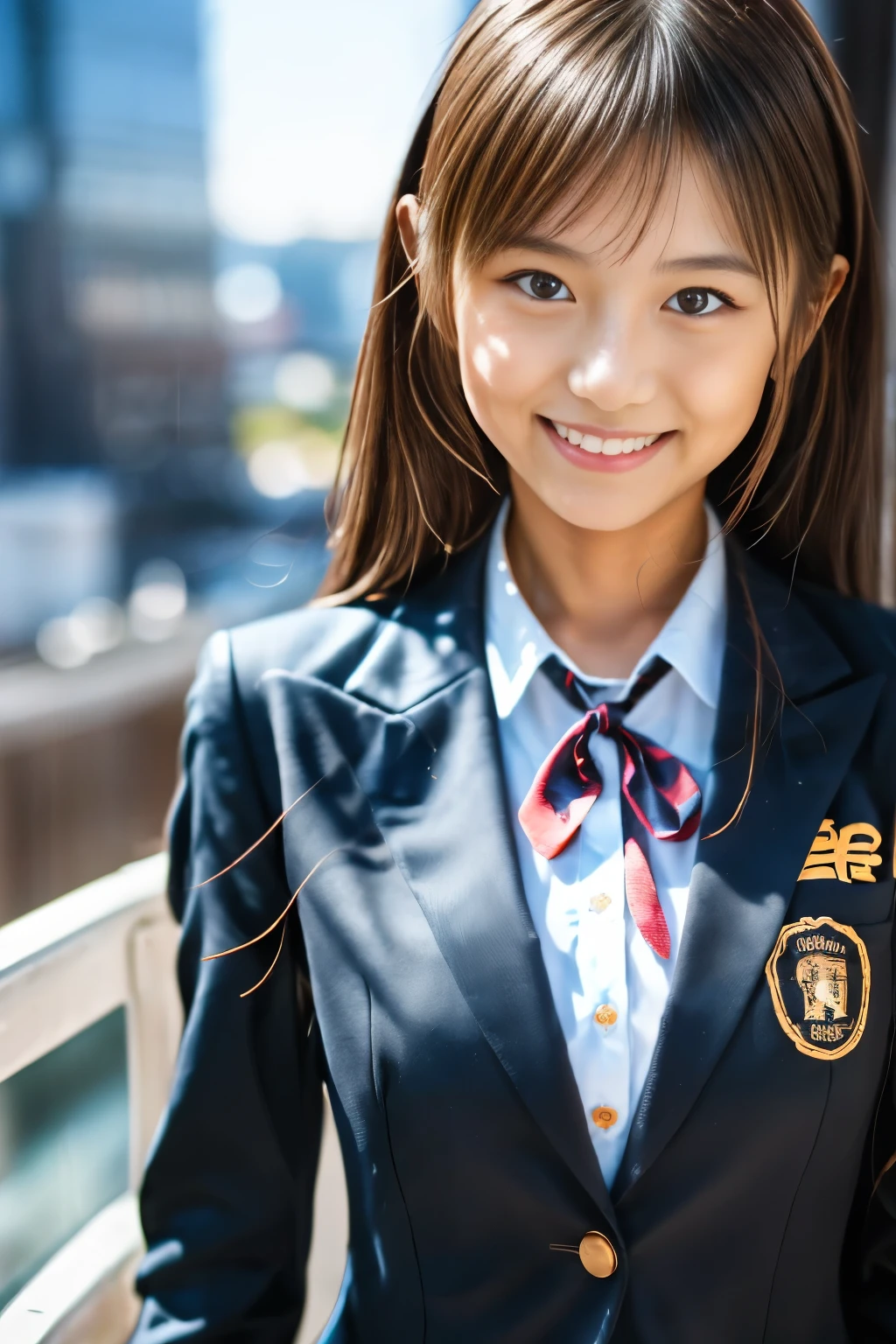 (Masterpiece), (8K), (Best Quality), (UHD), (Photorealistic), (Raw Photo), (1girl), (Ultra High Detailed), (Detailed face), very perfect beautiful and cute face, (Detailed hair), Beautiful hair, bangs, (symmetrical eyes:1.3), (Detailed eyes), (Detailed skin), Realistic skin, shiny skin, Ultra high definition, (slim figure), (super model figure), gentle smile:1.2, (A very beautiful and cute Japanese girl with a gentle expression), 22yo, straight hair,
( wearing a Japanese high school uniforms, blazer, shirt and ribbon, checked miniskirt ),
On the observation deck of a skyscraper