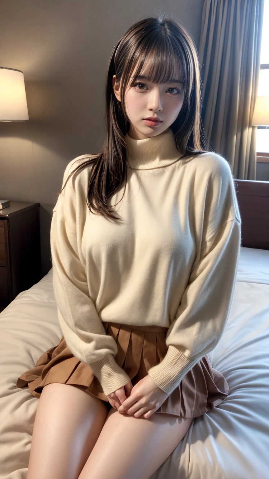 masterpiece, best quality, illustration, Super detailed, fine details, High resolution, 8K,wall paper, perfect dynamic composition,(Details High quality, realistic depiction of eyes:1.3), Oversized turtleneck light beige sweater, pleated skirt, straight hair, large breasts, black hair color, Big Natural Color Lip, (perfect body shape), crying a little、Harajuku style、20 year old girl、cute type、lolita、beautiful legs, hotel room, Gravure Idol, Voluptuous thighs