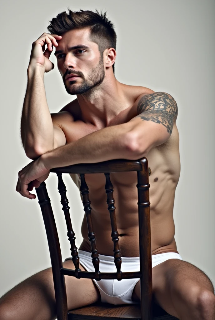 beautiful man with short brown hair and little beard, strong with tattoo, he is sitting facing forward on an old chair, sensual image, he is wearing white underwear,