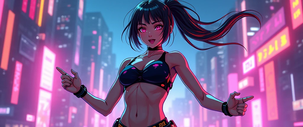 Create an anime-style illustration of a dynamic and stylish female character that embodies the energy and excitement of an EDM song. She should have a futuristic and vibrant look, with bright neon colors and glowing accents. Her outfit should be modern and edgy, perhaps featuring elements like a sleek bodysuit or holographic accessories. The background should be a high-energy, abstract scene that complements the EDM theme, with pulsating lights and geometric shapes. Capture her in a lively pose, reflecting the rhythm and intensity of the music, and ensure her expression conveys enthusiasm and passion for the beat.