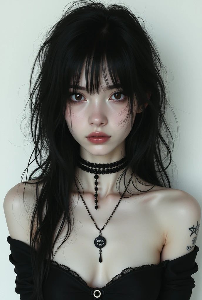 beautiful and pale woman with long, messy, black hair, brown eyes, a few tattoos and a necklace with "DEATH" ((in letters))) written on it, dark style, seducing look on her face, white background