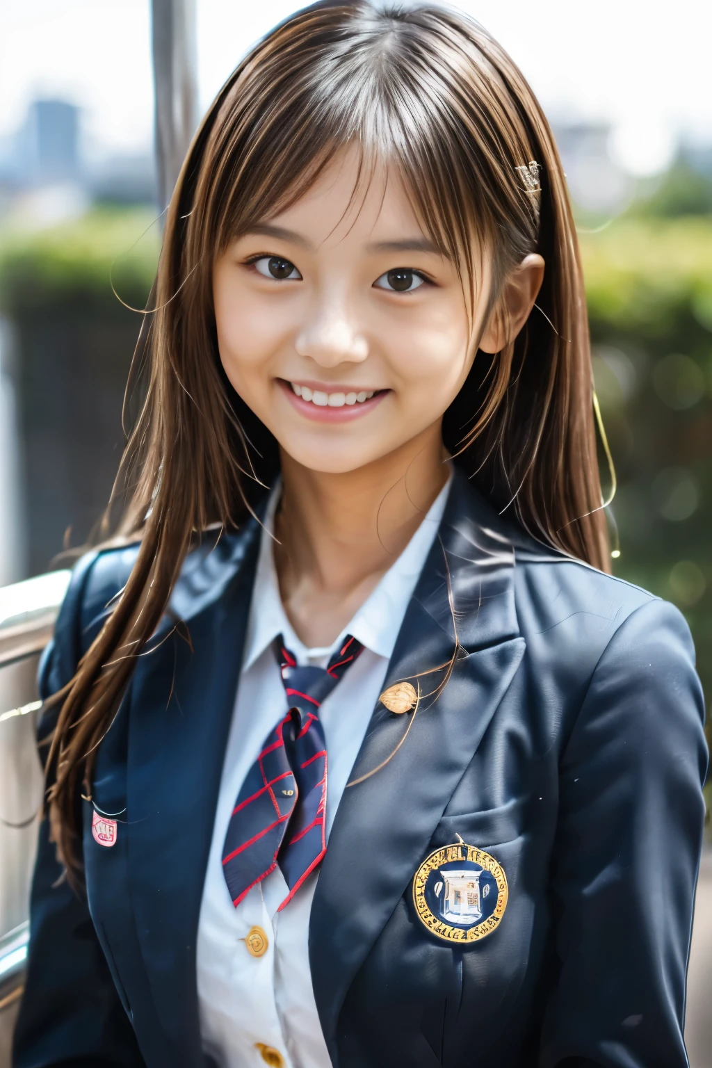 (Masterpiece), (8K), (Best Quality), (UHD), (Photorealistic), (Raw Photo), (1girl), (Ultra High Detailed), (Detailed face), very perfect beautiful and cute face, (Detailed hair), Beautiful hair, bangs, (symmetrical eyes:1.3), (Detailed eyes), (Detailed skin), Realistic skin, shiny skin, Ultra high definition, (slim figure), (super model figure), gentle smile:1.2, (A very beautiful and cute Japanese girl with a gentle expression), 22yo, straight hair,
( wearing a Japanese high school uniforms, blazer, shirt and ribbon, checked miniskirt ),
On the observation deck of a skyscraper