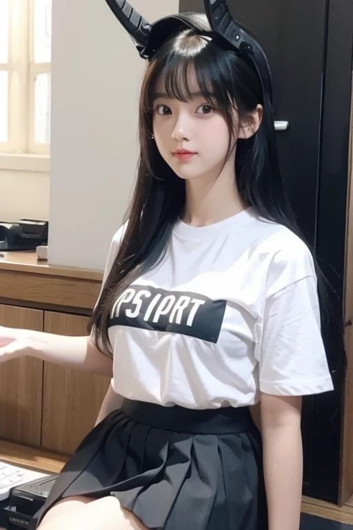 ((SFW: 1.4)), ((Detailed face, professional photography)), ((SFW, gaming headpone, t-shirt, ruffled skirt, 1 girl)), super high resolution, (actual : 1.4), Original photo, Best quality, (Photo actual Stick), Focus, Soft light, she tucking on heir , (()), ((Japanese)), (( (Young face))), (Surface ),(smileface), (sittingonchear), masterpiece, (actual), lady, bangs, prettyeyes((1 girl)) logo hair