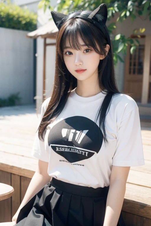 ((SFW: 1.4)), ((Detailed face, professional photography)), ((SFW, gaming headpone, t-shirt, ruffled skirt, 1 girl)), super high resolution, (actual : 1.4), Original photo, Best quality, (Photo actual Stick), Focus, Soft light, she tucking on heir , (()), ((Japanese)), (( (Young face))), (Surface ),(smileface), (sittingonchear), masterpiece, (actual), lady, bangs, prettyeyes((1 girl)) logo hair