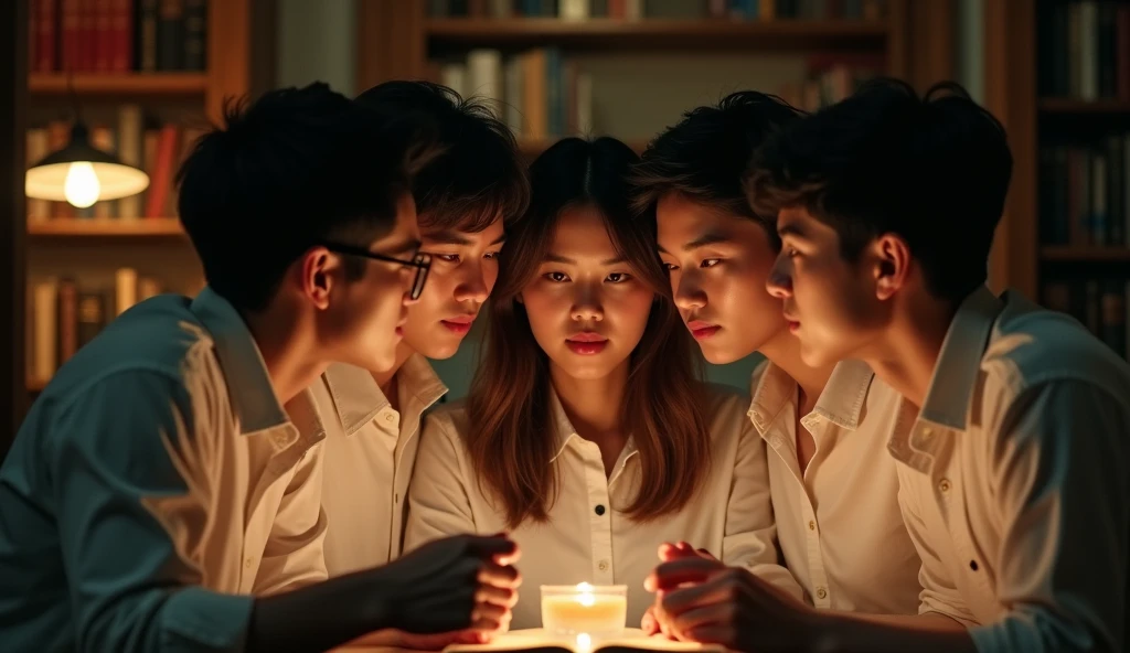 A group of students wearing white shirts gathered in a dimly lit library, their faces illuminated by the warm glow of the reading lamps. They whisper secrets about a mysterious, hidden garden within the university grounds.