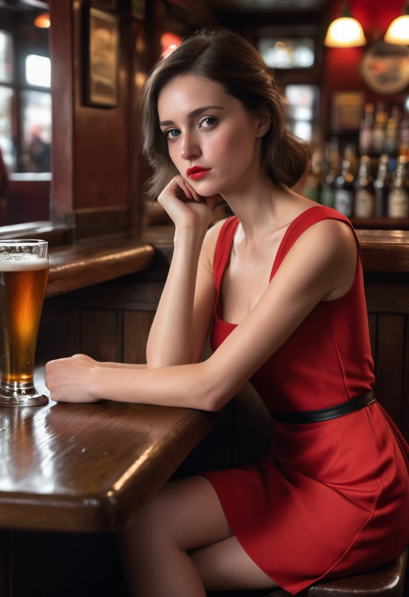 in a pub, showing the extension of the counter, at the end of the counter there is a girl sitting, with a tight, short red dress, a low melancholy look, Thin woman, thin chin and nose, Ultra realistic hand, detailed hands