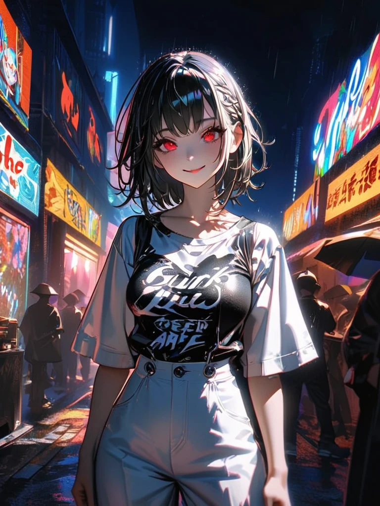 1 person, chromatic aberration, Written boundary depth, Soft Light, masterpiece, Highest quality, complicated, Tone Mapping, A place where fireworks are set off at festivals. Concept Art, Smooth, Clear focus, Dramatic lighting, Very cinematic, super practical painting, アートステーション's trending, 8k, Incredible Shadows, practical,  whole body, View, Viewers, Portrait of a Girl 1, standing on street corner, Heavy rain and lightning、Dark Sky, neon and cyber punk background, she is dressed in punk clothing with silver chains and silver spikes, Her hair was dyed a bright black color..........Ominous aura of light, smile, punk, ciber punk, Backlight.Fashionable clothes、Friendly dress code:Wearing a cute white pants style.My breasts are a little big.Beautiful red eyes