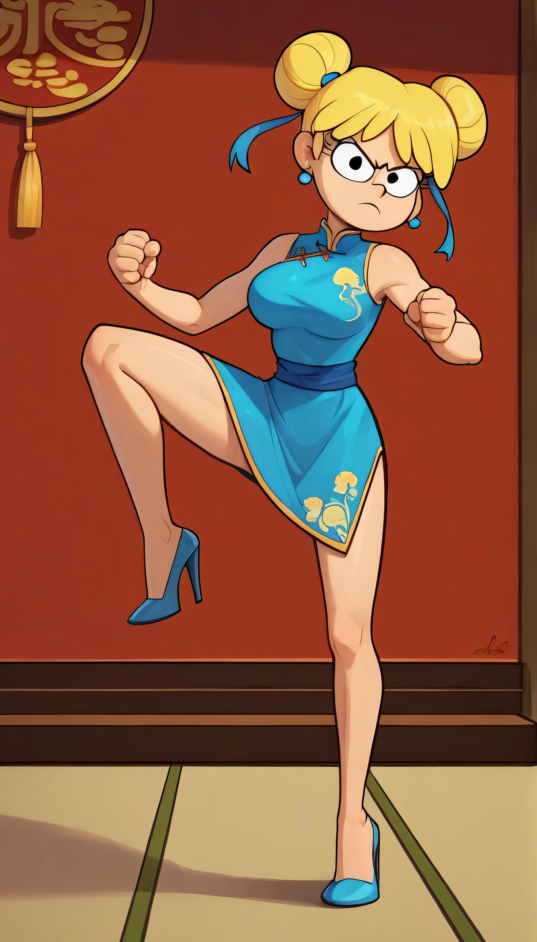 lori loud, 1girl, solo, 24yo girl, blue cheongsam,  inside of a chinese style temple, large breasts, looking at viewer, blonde hair, short hair, two hair buns , hands  score_9, score_8_up, score_7_up, high heels,teep fighting stance,martial arts