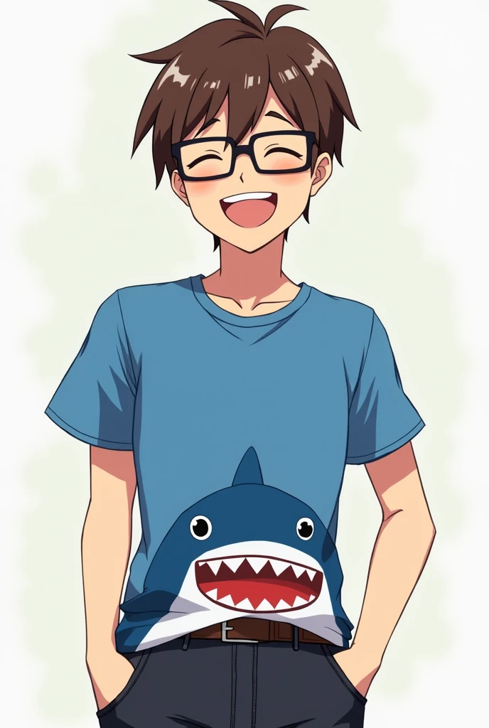 Make a anime guy with brown hair with glasses while smiling close eyes and have a blue shirt with shark theme and black jeans with hand in pocket pose