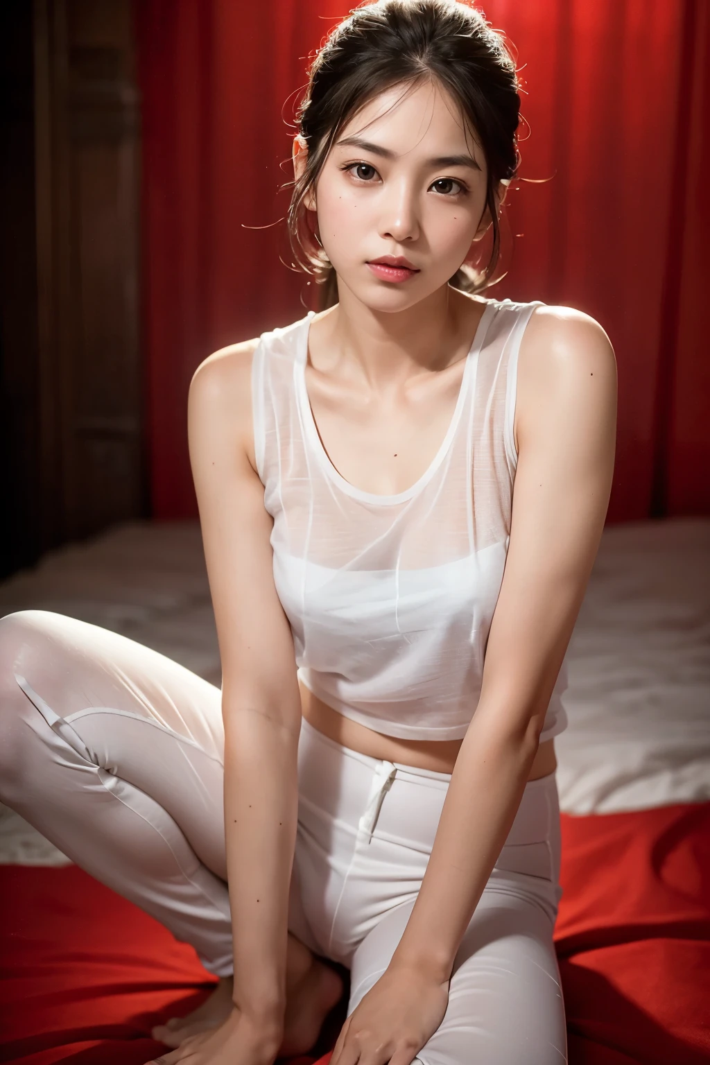 (Detailed RAW photos of a woman's whole body: 1.5), ((Tabletop, highest quality, High resolution)), 1 cool woman, (Realistic: 1.4), alone, Pure white background, Cool makeup, (Tight outer boulevard hair, Dark brown hair color: 1.4), (Cool Summer Fashion, Ginger style、Tank top、Best、Work pants: 1.2)、See-through clothing、underwear