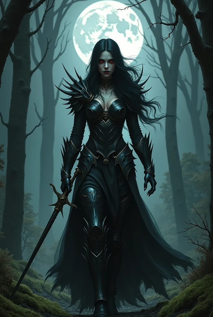 A terrifying vampire woman in the forest dressed as a warrior on a full moon night