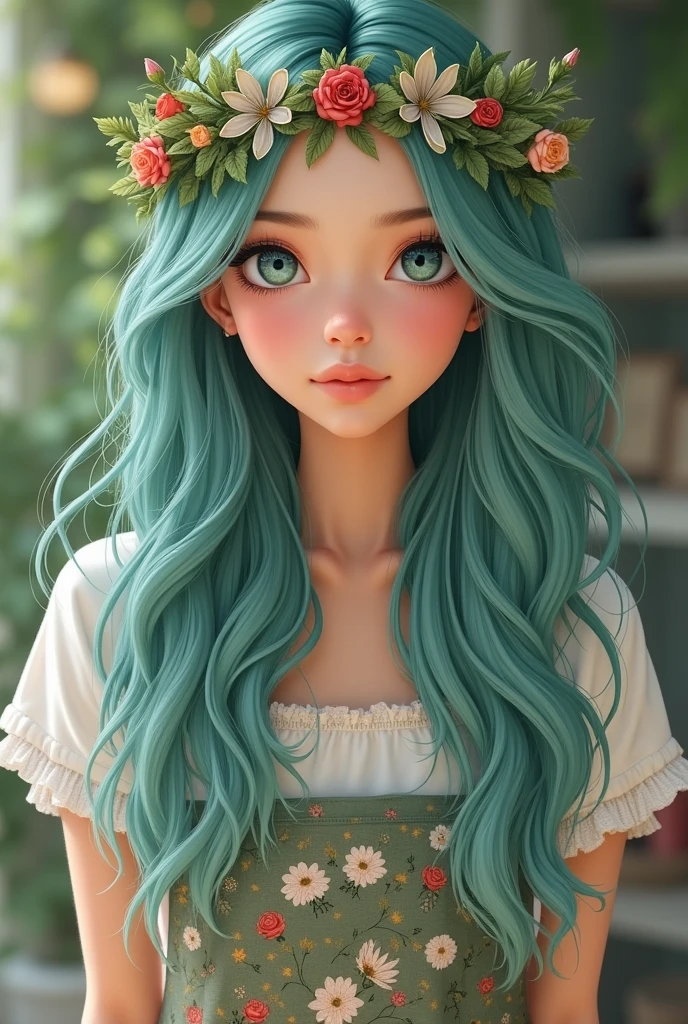 Long, flowing hair that can be a beautiful shade of soft blue or green, styled elegantly.
- **Eyes:** Large, expressive eyes that sparkle with creativity and warmth.
- **Skin:** Fair complexion with a healthy glow.
- **Outfit:** Wears a stylish yet practical outfit, perhaps a chef’s apron over a fashionable dress, adorned with floral or nature-inspired designs.
- **Accessories:** May wear accessories like a flower crown or jewelry that reflects her love for nature.