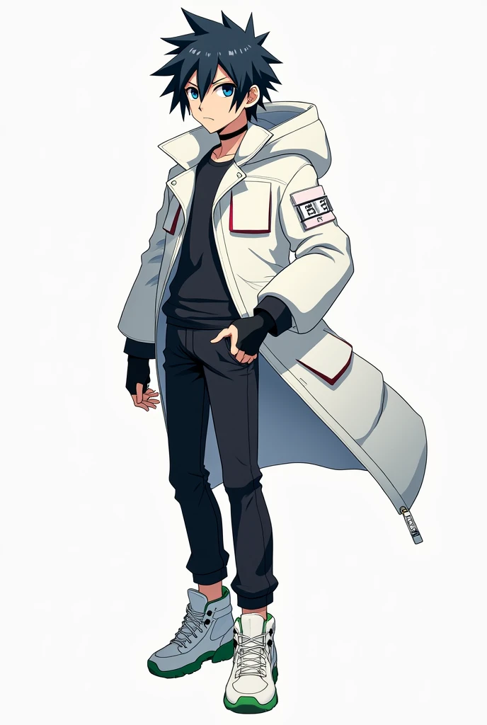 A male anime style character With slightly long, black hair that is a little spiky with long hair between his eyes, big navy blue eyes, Jaketa Thick white jacket, black pants, white sneakers with green, and with black gloves.