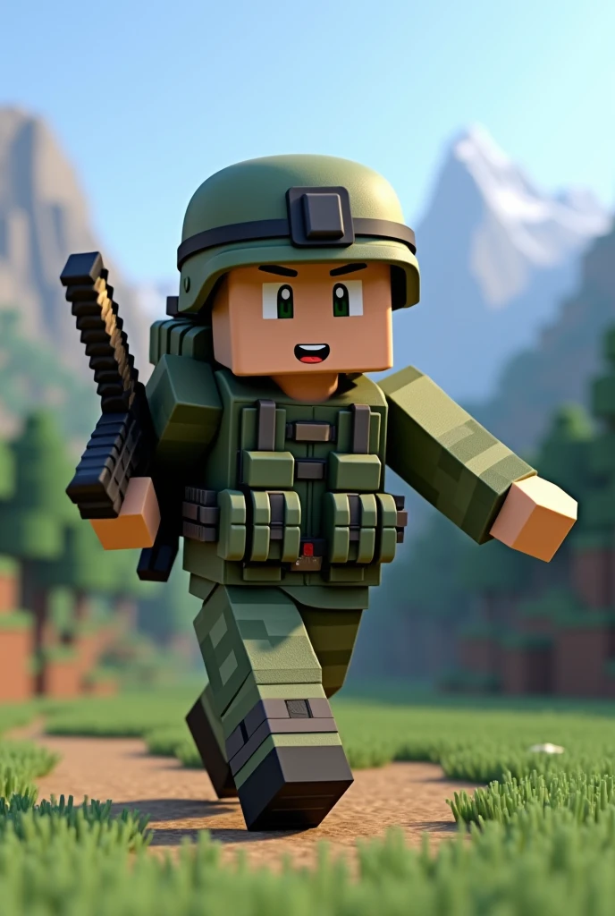 Minecraft animated character dressed as a soldier