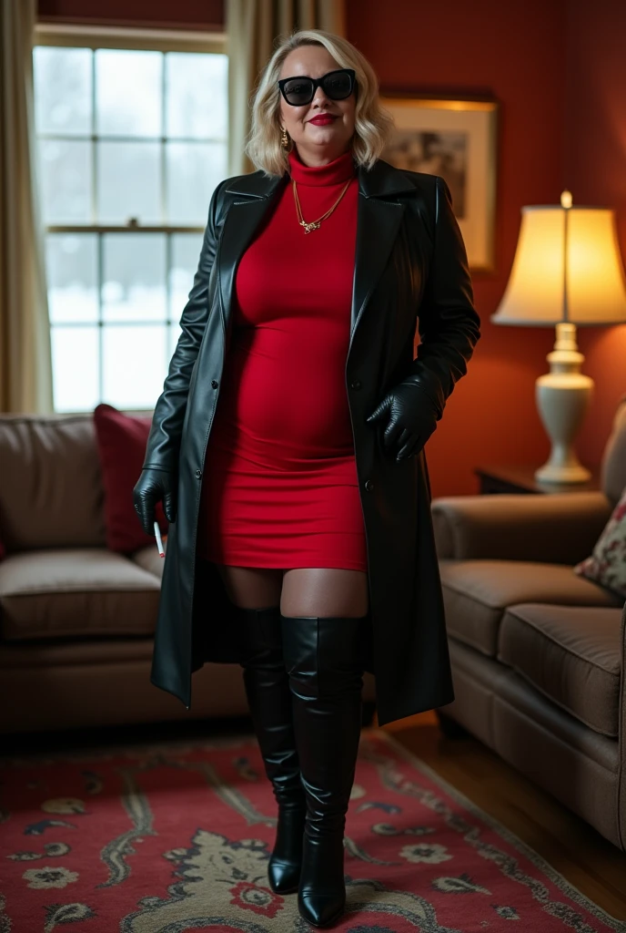 full body photo. 35 year-old voluptuous Iowa girl next door. kind face. short blonde layered paige style hair. wearing black rayban sunglasses. sharp red painted lips. standing in family room of classic ranch house in Iowa. cloudy day. winter. snowfall. Wearing full length black leather fitted coat. red turtleneck body conforming dress. glossy dark hose and black leather thigh high, high heeled boots. Long black tight fitted leather gloves. holding a cigarette. eye contact. sultry smile.