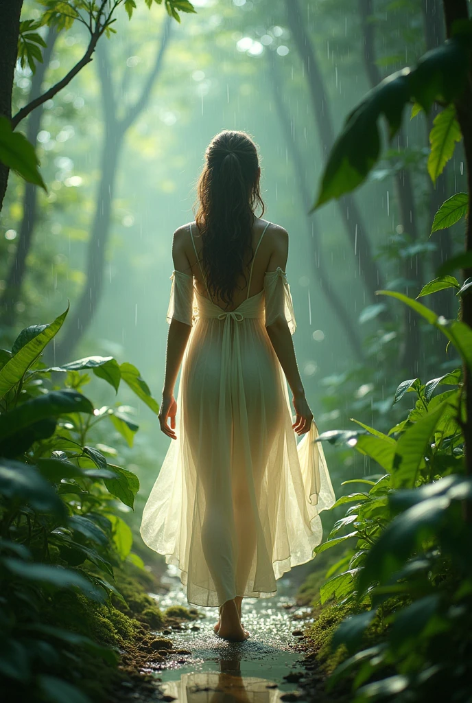 A beautiful young Girl white complexion walking in jungle in transparent dress in rain