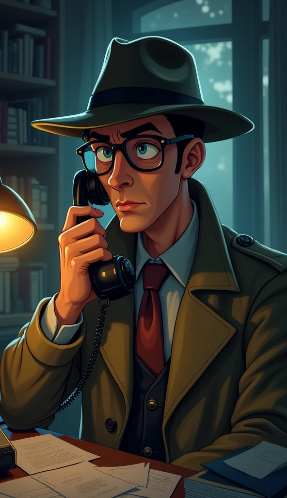 "High-resolution image in a cartoonish style of a male detective holding a vintage rotary phone with a concerned expression. The scene features dramatic lighting, casting strong shadows across the detective’s face. The detective is wearing a trench coat and fedora hat, and the background shows the cluttered, dimly lit office with scattered papers and books."