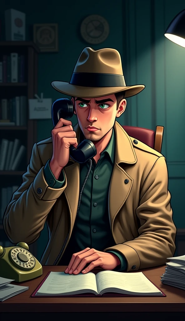 "High-resolution image in a cartoonish style of a male detective holding a vintage rotary phone with a concerned expression. The scene features dramatic lighting, casting strong shadows across the detective’s face. The detective is wearing a trench coat and fedora hat, and the background shows the cluttered, dimly lit office with scattered papers and books."