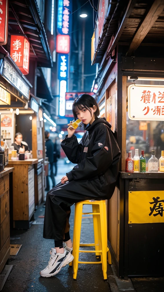 fca_style, close up of an young adult woman with short black hair, wearing traditional japanese techwear, a cyberpunk alley, sitting on a stool next to a large market stall with canopy selling bottles of various colors and sizes. A sign above her stall reads "BOOZE FOR BUZZ" in flickering neon tube