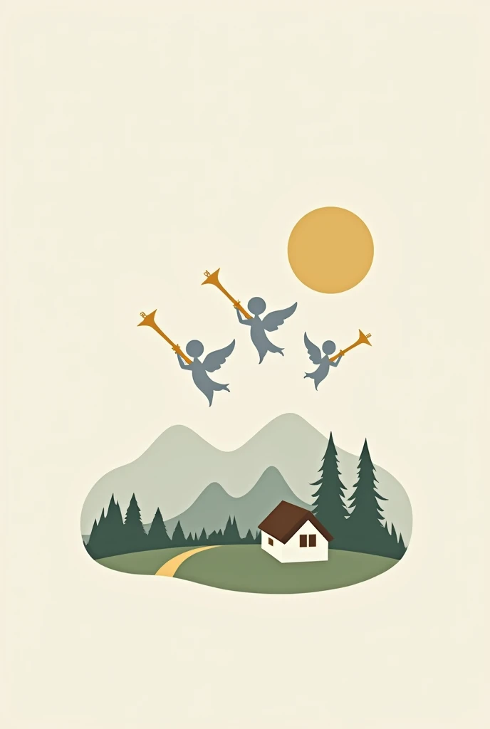 a minimalist logo for a spiritual retreat in the countryside, with mountain, a cabin, trees and three angels with trumpets in the sky.