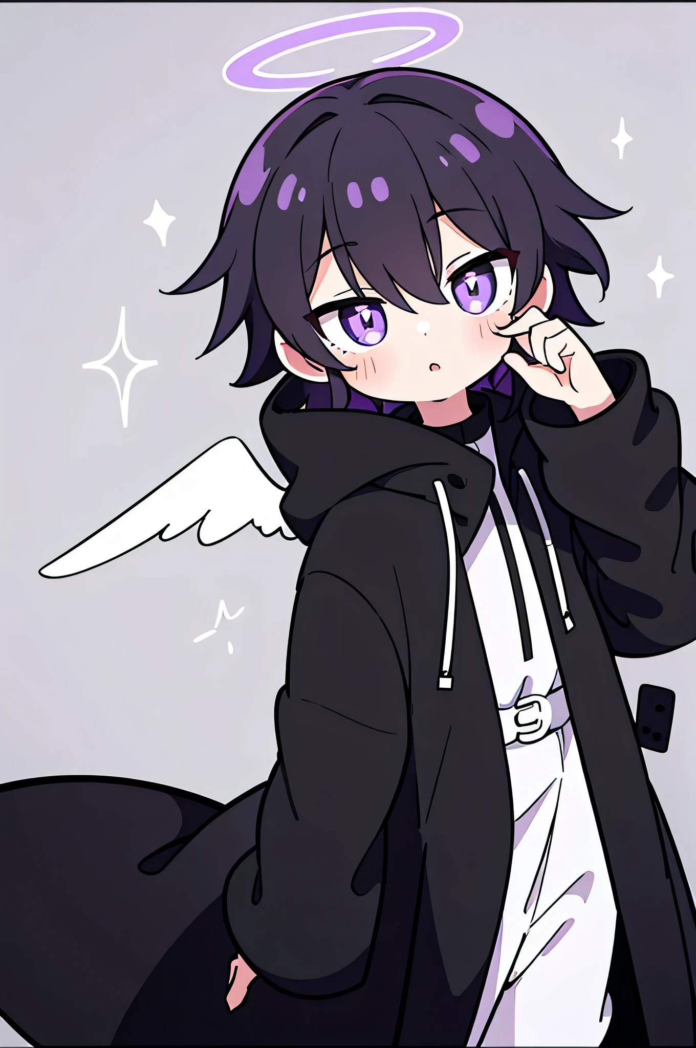  One boy, alone, Short Hair, (Black Hair, Purple eyes with vertical pupils), Angel Halo, Black long coat, Black fur hood, Angel&#39;s wing, Vertical scar, Right eye is hidden, Performance, laughing, Delighted