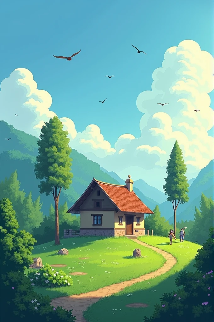 Image concentrated to single house which has a green background with two three trees and people moving and blue sky with birds and sun little glimpse and that single house must be of old Nepalese village house which design is simple
