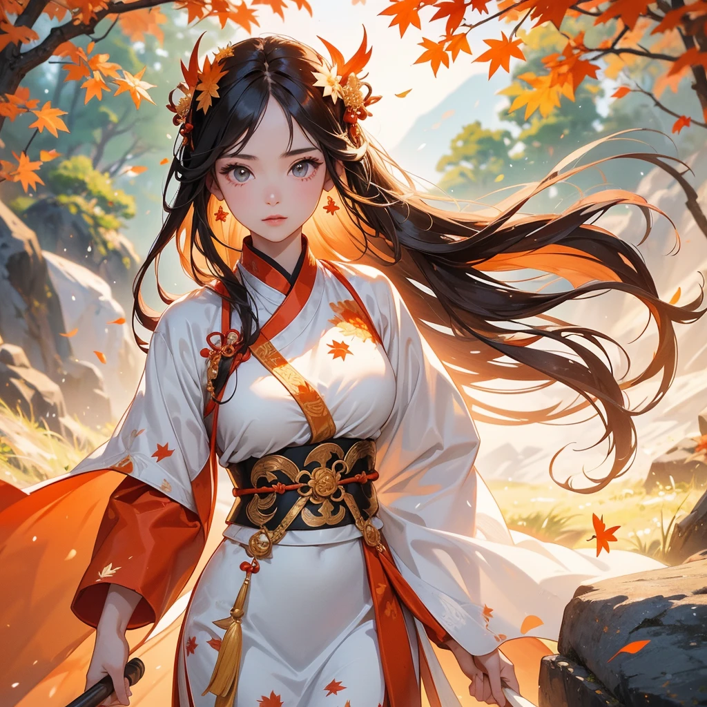 A beautiful female general holding a big spear in white ancient Chinese general costume, walking In the middle of a spring mountain ,the backdrop is a mountain that turns orange-red in spring, and maple leaves fall from the trees.The sun shines and the sun rises, close up.