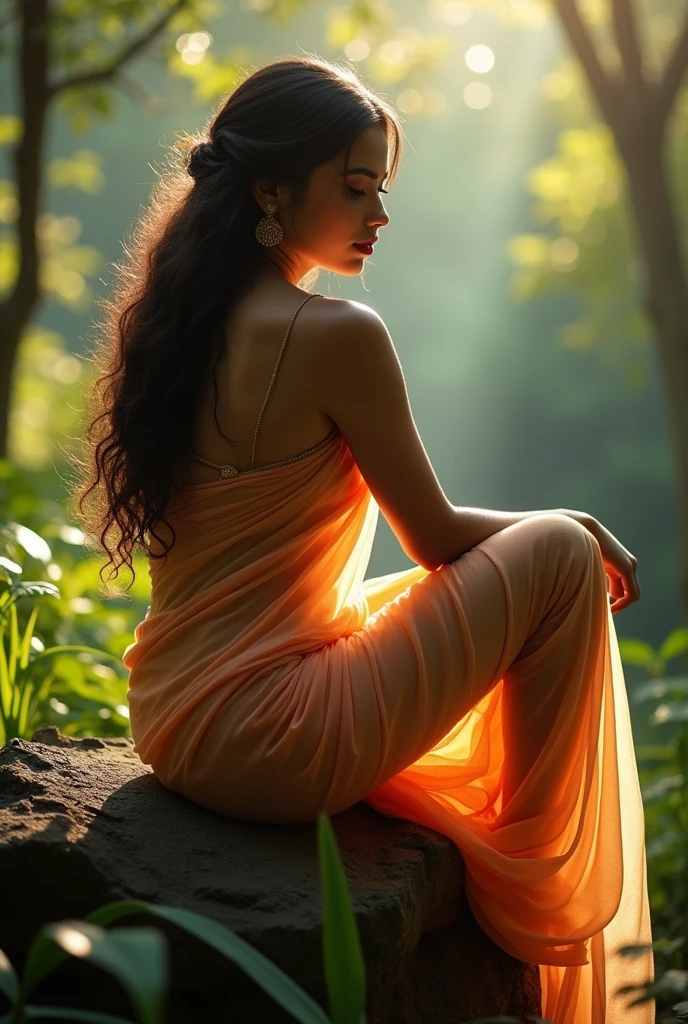 Beautiful Indian woman, artistic image sitting on a rock in the forest, wearing a traditional translucent sari, very long and wavy hair, Soft lighting, Plants in the background, with sunlight, relaxed suggestive sensual pose,