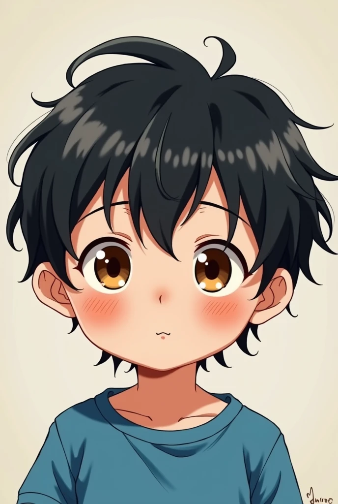 *****, like , black hair, brown but crooked eyes, like Pug, wears blue casual clothes. anime style.