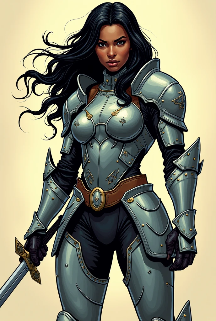 Create a black female warrior with long, wavy black hair. She wears a full heavy armor that covers her entire body, holding a short sword in one hand. Her pose is heroic and dynamic, fitting for a comic book illustration. The style is inspired by traditional comic book art with bold outlines, exaggerated proportions, and vibrant colors. Focus on a powerful and confident expression, with strong shading typical of classic comic book drawings. The background is simple, emphasizing the character