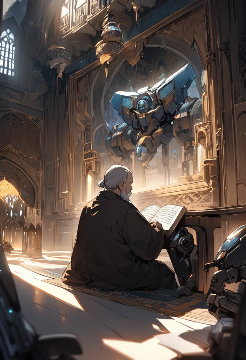 religious islam old men with serban calmly reading Al Quran sitting inside mosque with evening light surround. his face was sci fi scull robot. picture was side view. surrounding was dark. look like sigma picture