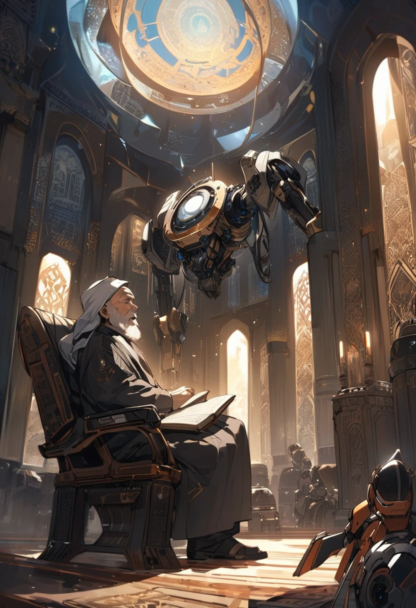 religious islam old men with serban calmly reading Al Quran sitting inside mosque with evening light surround. his face was sci fi scull robot. picture was side view. surrounding was dark. look like sigma picture